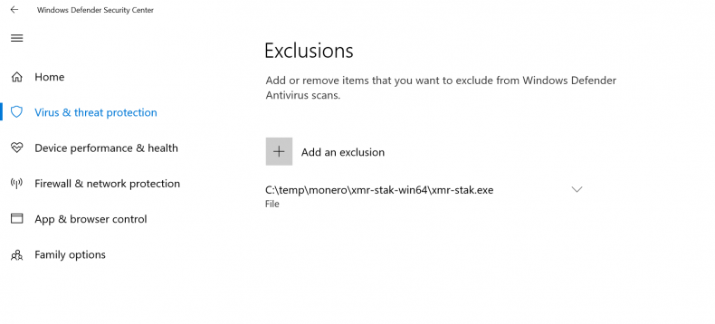 xmr-stak.exe windows defender exclusion