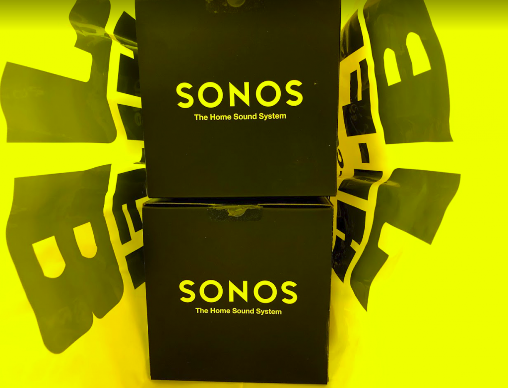 2 sonos one speakers in a jb-hifi bag