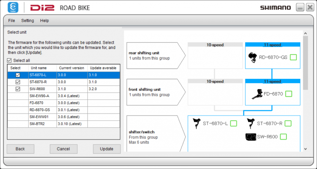 Shimano E-tube project select unit for firmware update